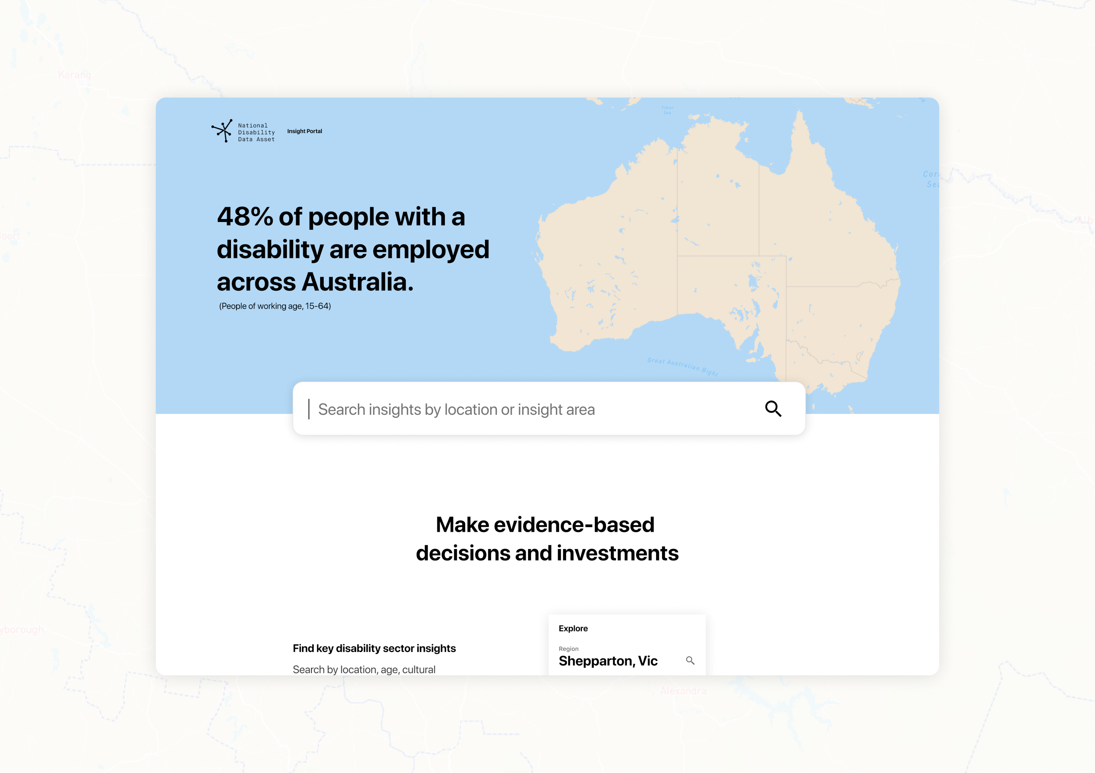 Image of the home page of the prototype, showing statistics, a map of Australia and a search bar