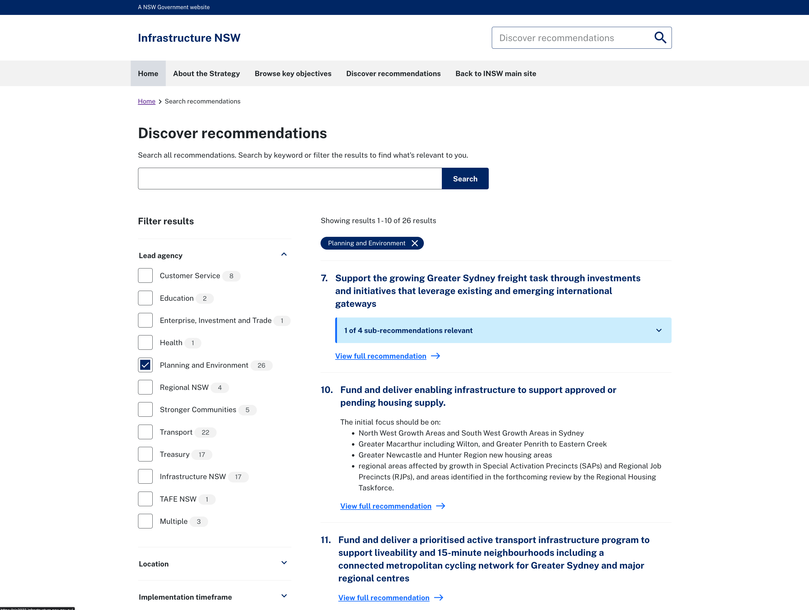 The recommendations page from the State Infrastructure Strategy website