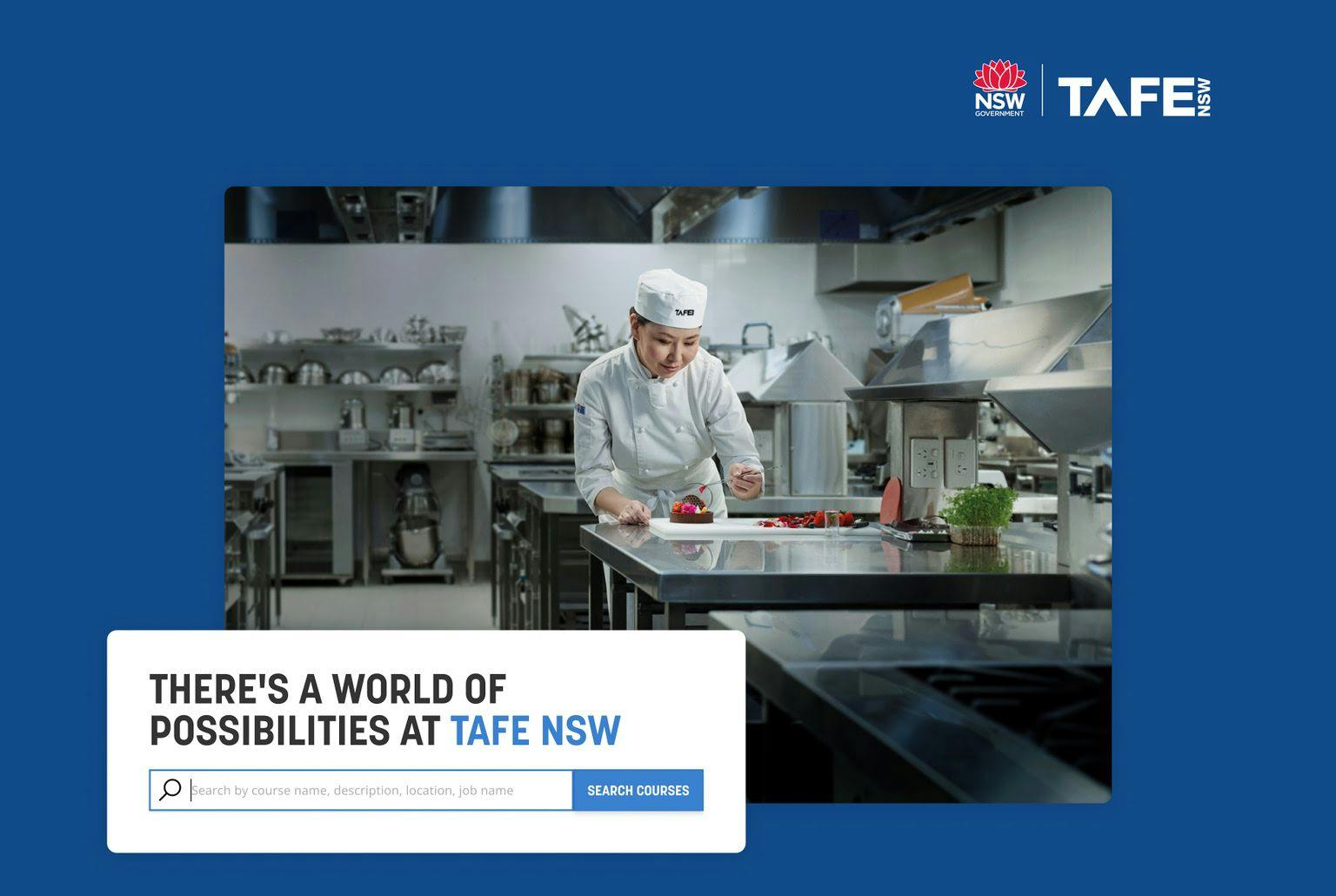 A stylised image of a cook in a commercial kitchen and a TAFE NSW search bar overlay. TAFE NSW logo in the top right.